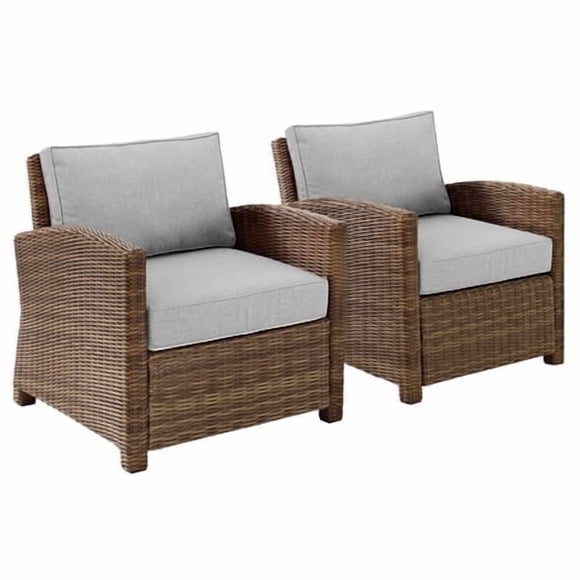 Crosley Furniture Bradenton 2-Piece Outdoor Chair Set Wicker Patio Chairs For Conversation Porch Deck Brown With Gray Cushions