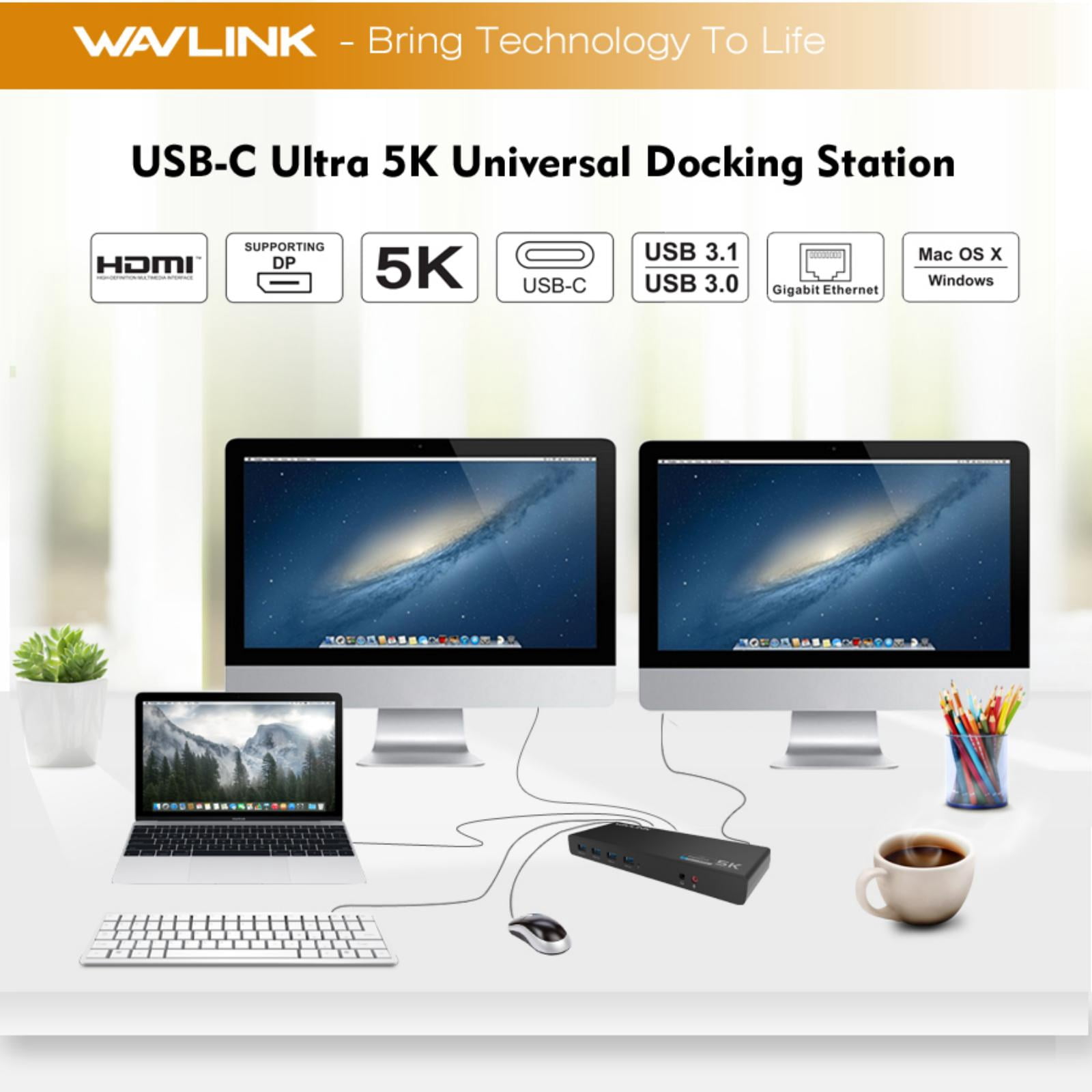 USB C 5K Laptop Universal Docking Station Ultra HD Multiple Display Dock with 2 × HDMI and DisplayPort, Gigabit Ethernet, Type C, 6 × USB 3.0, Audio, Mic, Supports Windows Mac OS