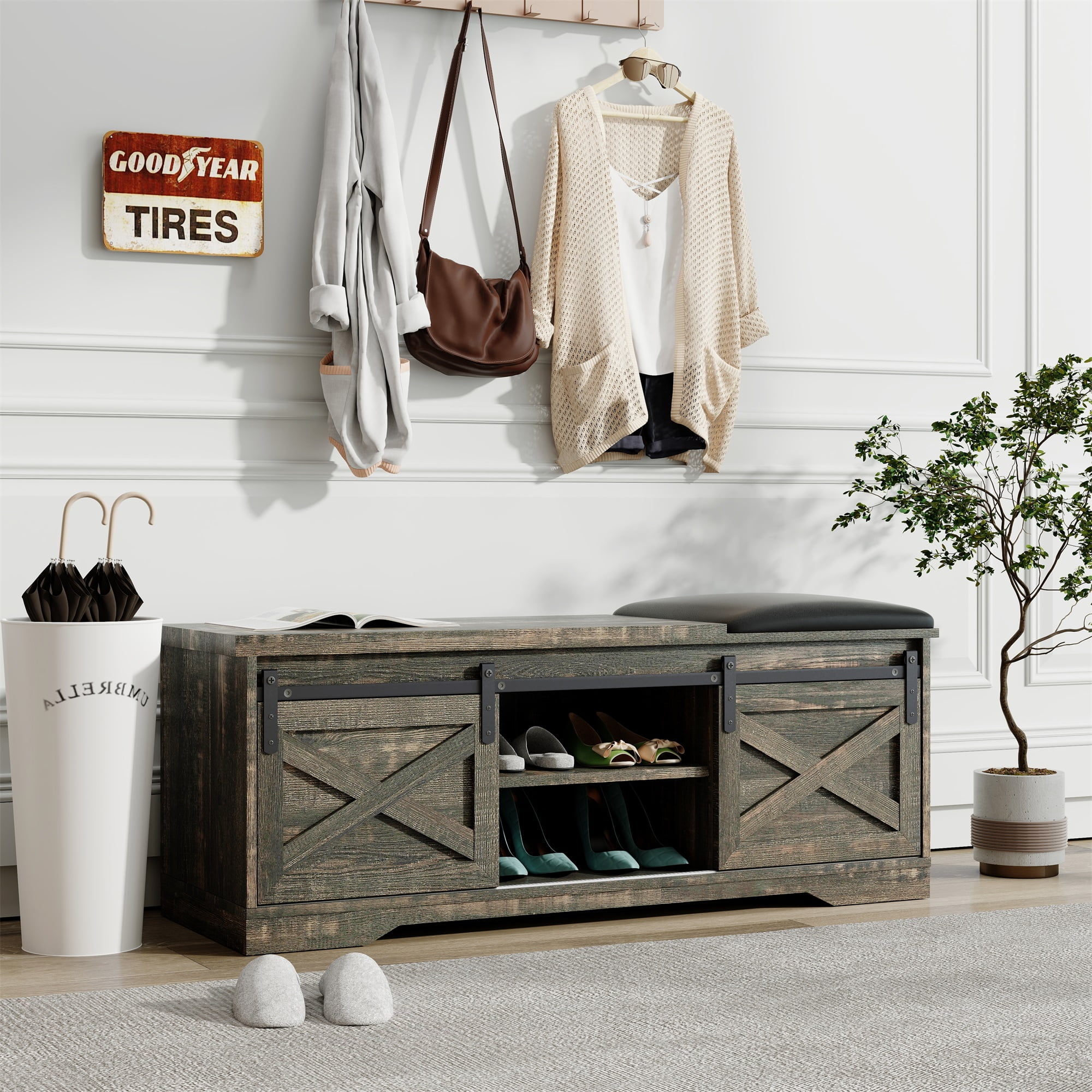 Kepooman Modern Farmhouse Sliding X Barn Door Litterbox Bench with Entry Cutout for Living Room, Old Pine Shoe Bench Kepooman Modern Farmhouse Sliding X Barn Door Litterbox Bench with Entry Cutout for Living Room, Old Pine Shoe Bench