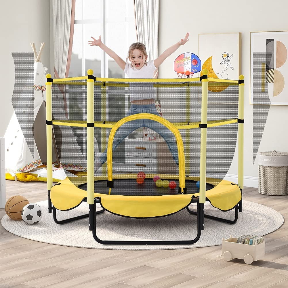 Piscis Trampoline with Basketball Hoop & Safety Enclosure for Kids, Indoor Outdoor Toddler Children Mini Trampoline 5ft, Birthday Gifts Trampoline Toys for Boys Girls, Yellow