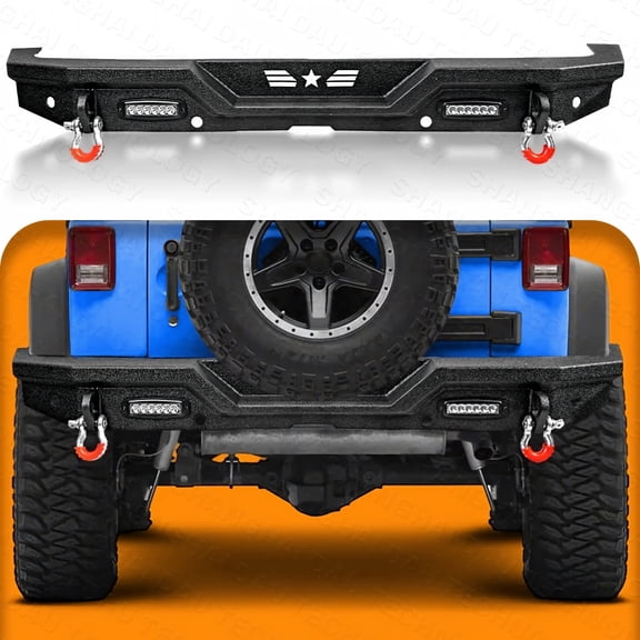 Rear Bumper for 2007-2018 Jeep Wrangler JK Unlimited, Off-Road Steel Rear Bumper with LED Lights, D-Rings, Textured Black