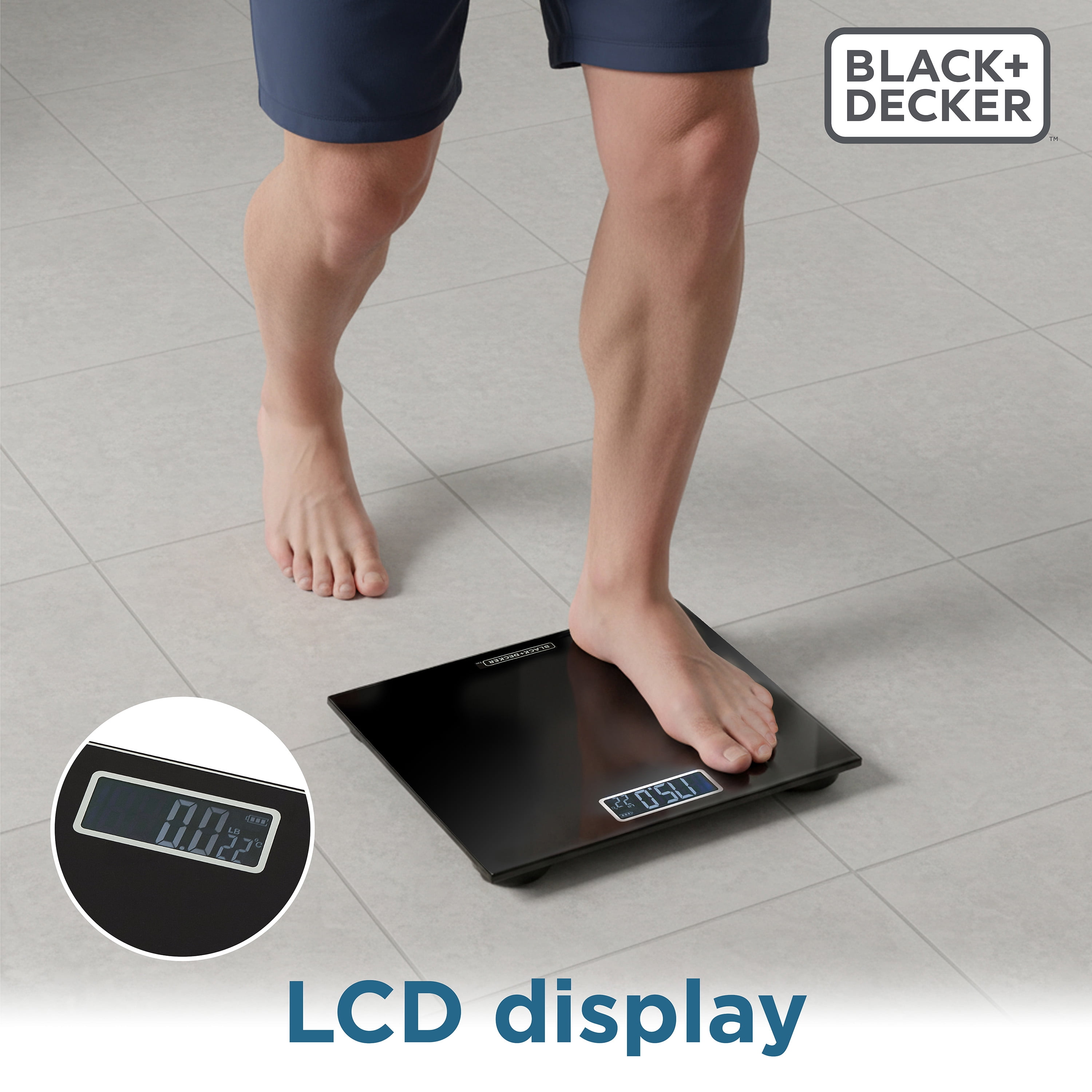 BLACK+DECKER Digital Body Weight Scale, Accurate Weight Measurements, LCD Display, Tempered Glass, Non-Slip, Black
