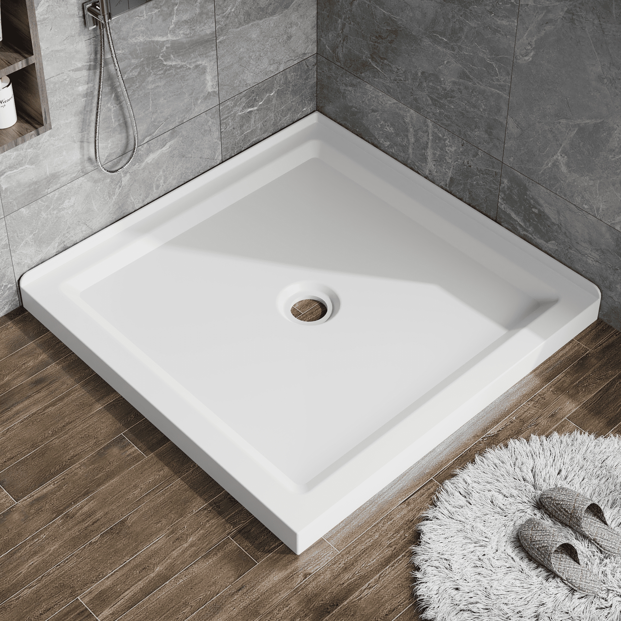 36"x36" Shower Base，3.3" Height，Anti-slip Acrylic Center Drain Double Threshold Shower Basin，White