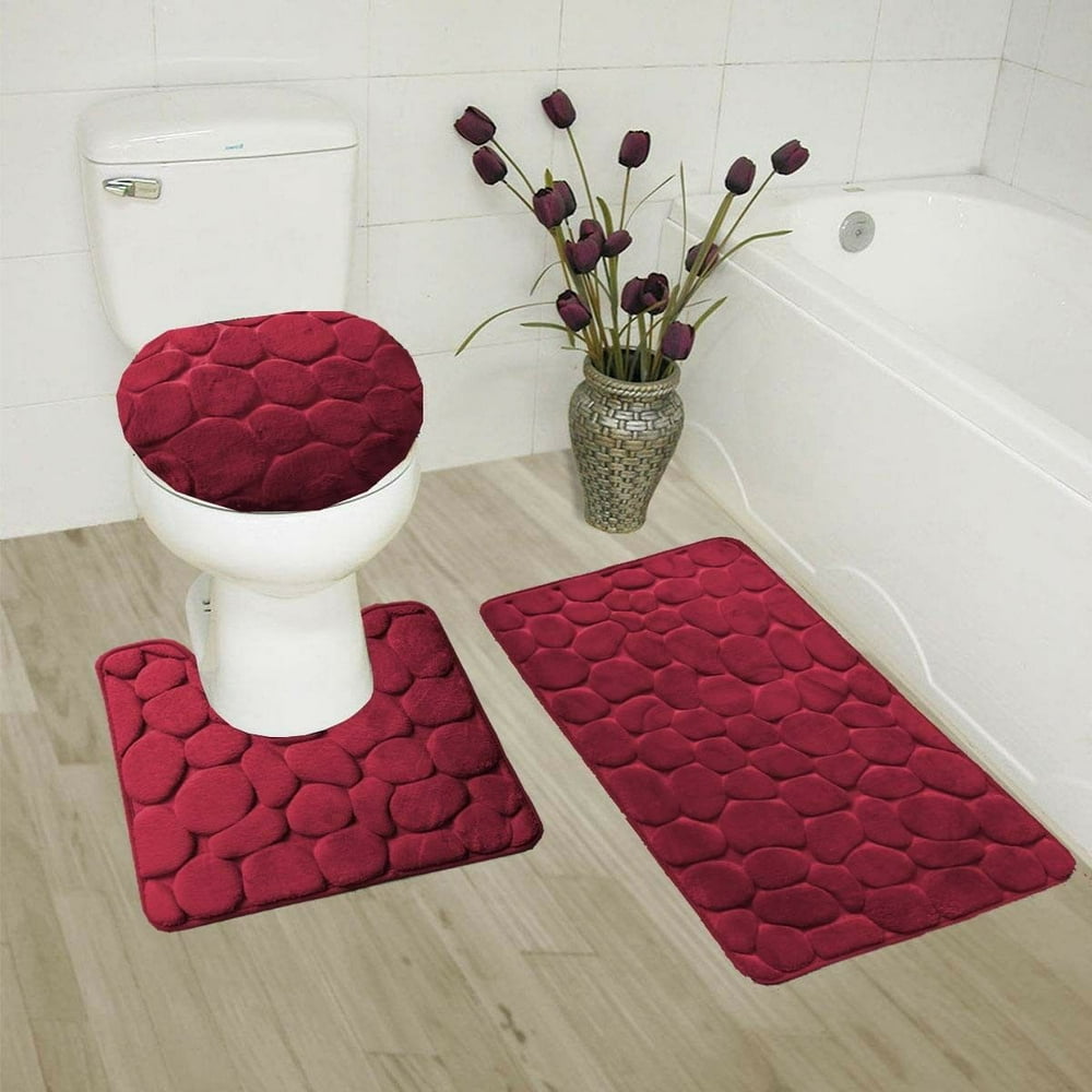 3PC STONE BURGUNDY BANDED BATHROOM SET BATH MAT COUNTOUR RUG LID COVER