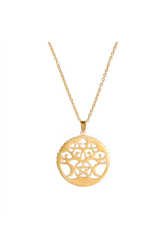 Triple Moon Pentagram Tree Pendant Necklace Stainless Steel Jewelry Gold