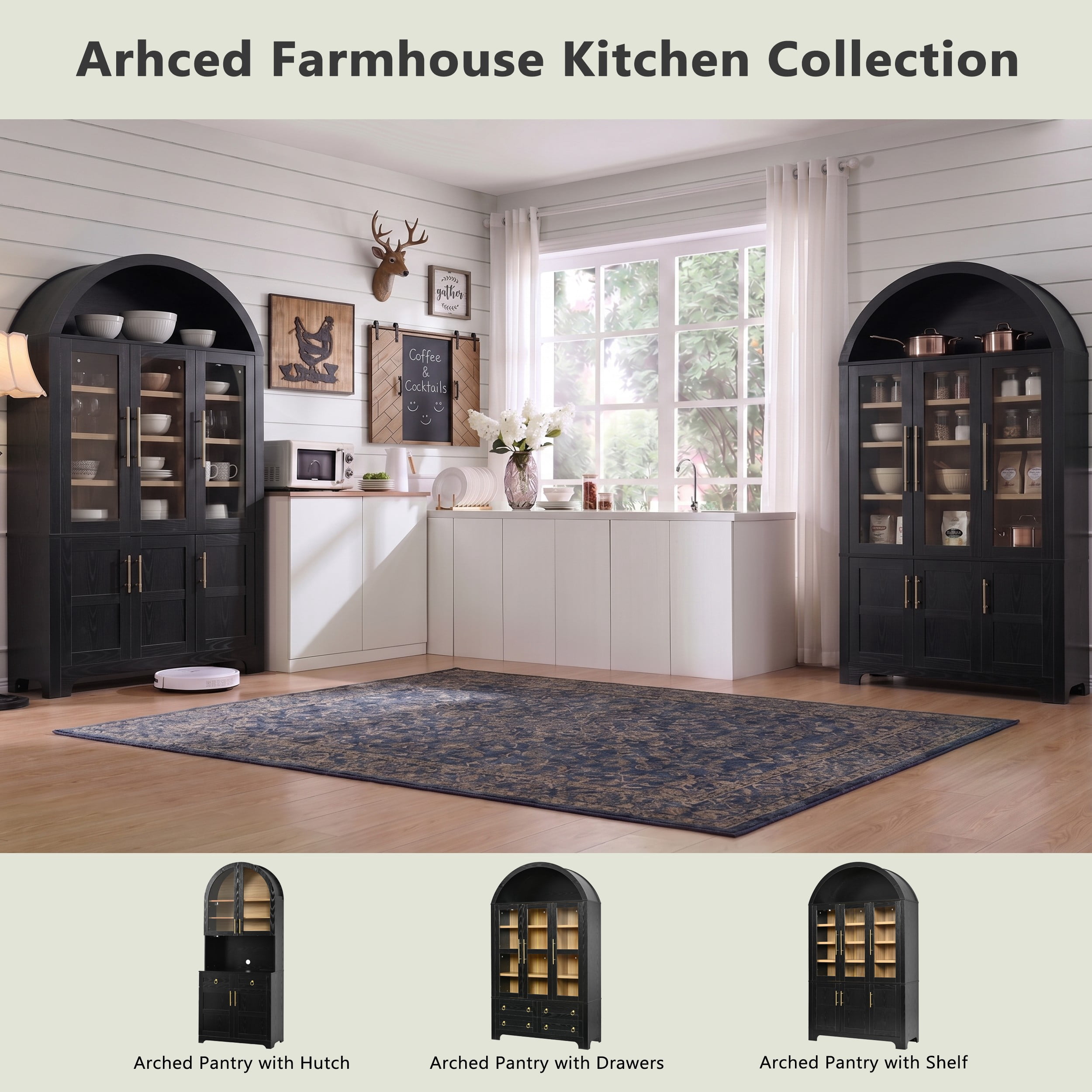 Aukfa 73" Arched Pantry Cabinet with 3 Glass Doors, Adjustable Shelves for Kitchen & Dining Room, Black