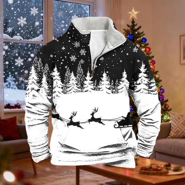 Ceisia Warm Fleece-Lined Mens Loose Fit Christmas Print Half-Zip Stand Collar Sweatshirt Gifts