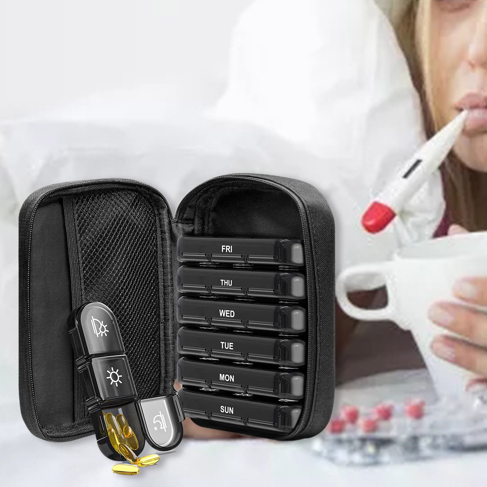Geemin 7 Day for Pill Box with Zipper Cloth Bag Weekly for Pill Organizer Large Daily Medicine Organizer Box for Pills Vitamin