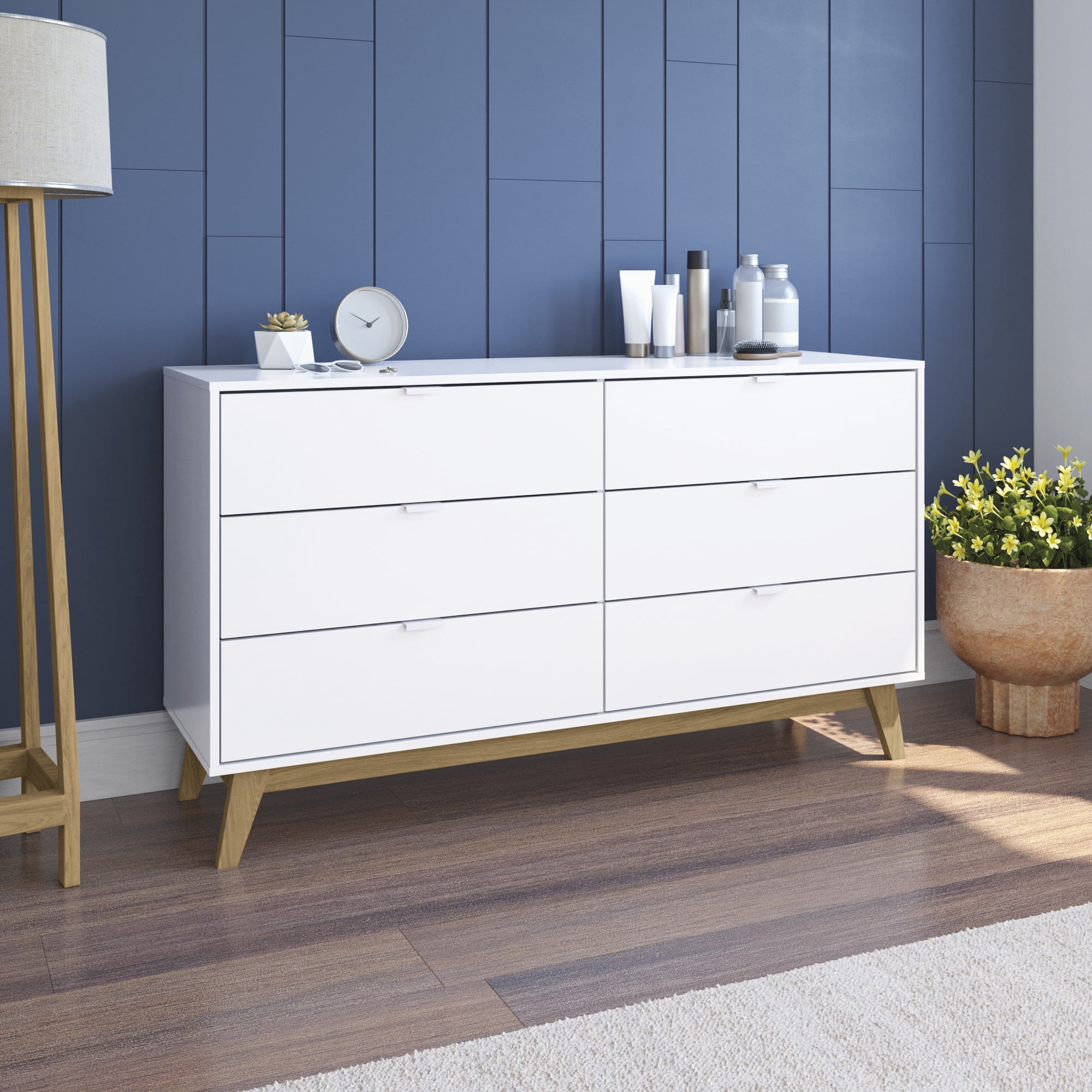 Kappesberg Hanford 6-Drawer Dresser – Modern White/Light Brown Finish – Wide Storage Chest for Bedroom or Living Room - for Adults and Teens
