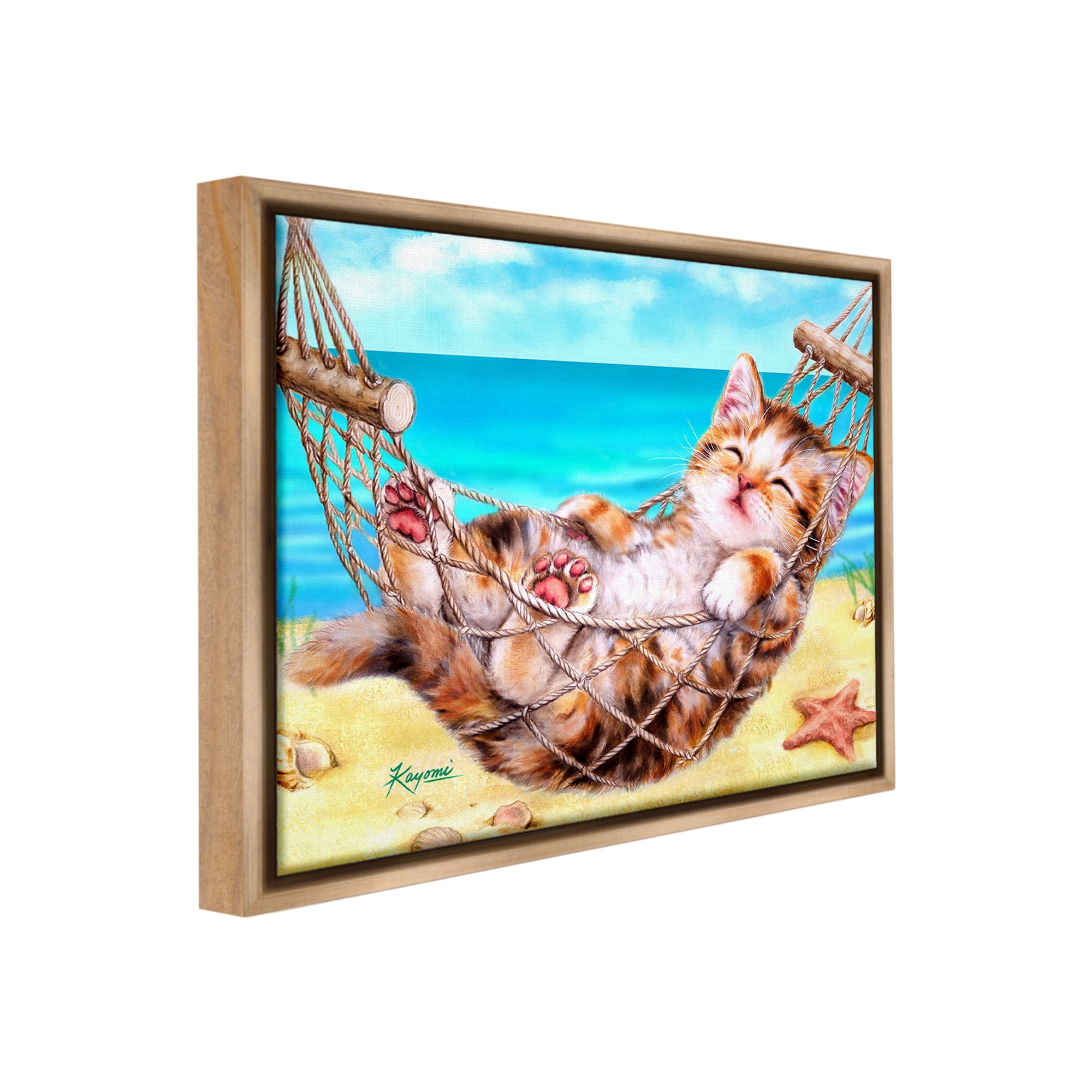 Stupell Industries Kitten in Beach Hammock Animals & Insects Painting Brown Floater Framed Canvas Art Print Wall Art, 21 x 17