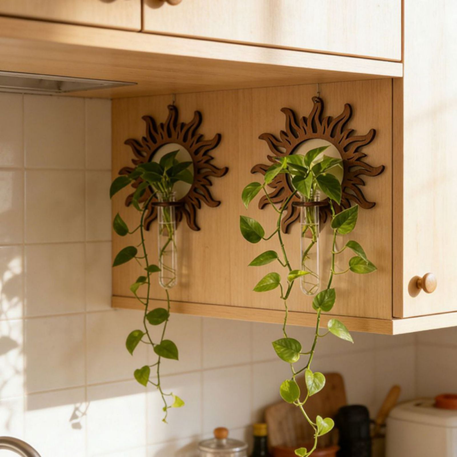 Wooden Sun Shaped Wall Hanging Planter Propagation Station Glass Flower Vase for Hydroponics Plants, Bathroom, Home Office Living Room Decor Gift