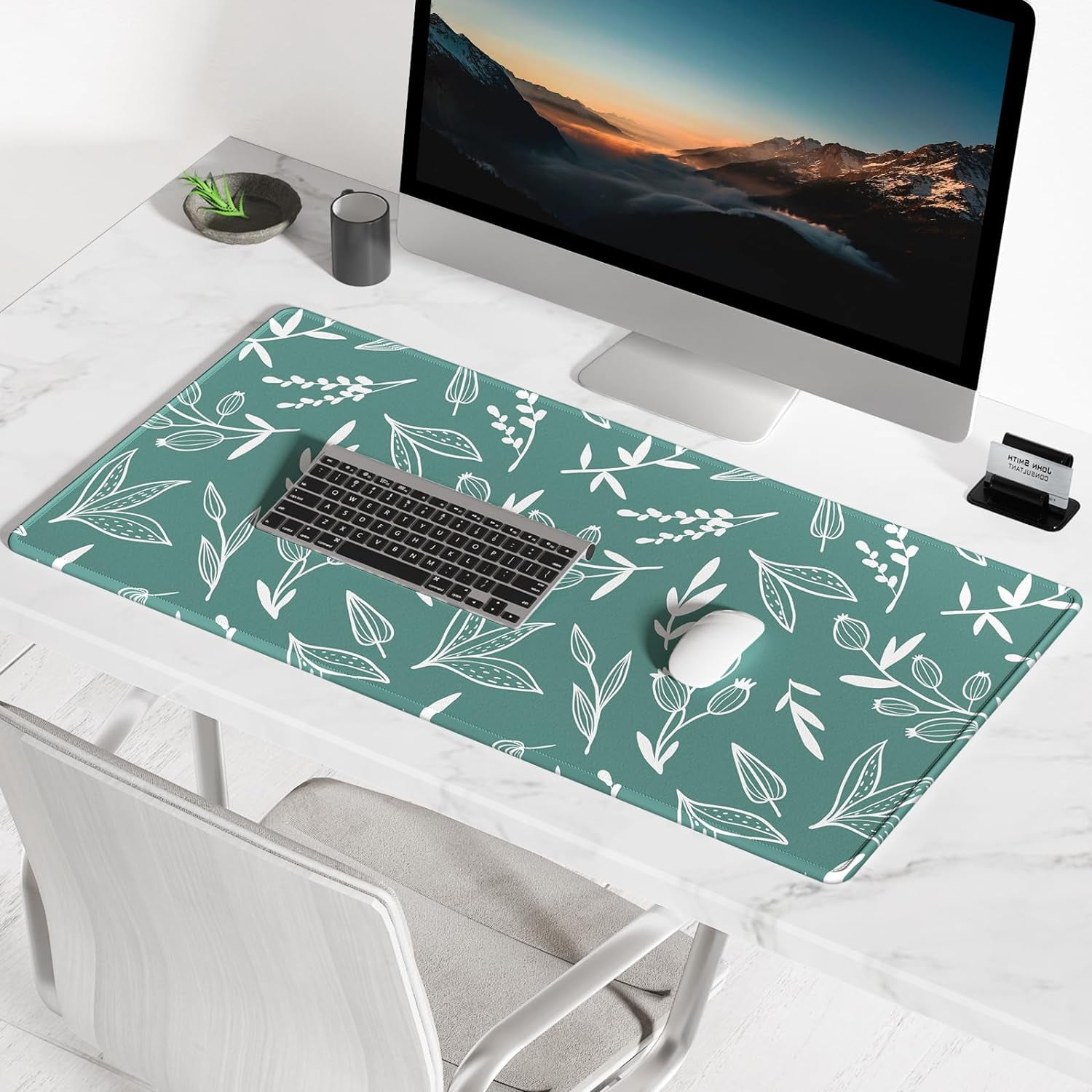 Large Mouse Pad, Desk Pad, XXL XL Extended Gaming Mouse Pad, Desk Mat for Office & Home, Long Keyboard Mat, Huge Mouse Pad, Desktop Full Cover 35.5 x 15.7 Inches, Minimalist Green Flowers
