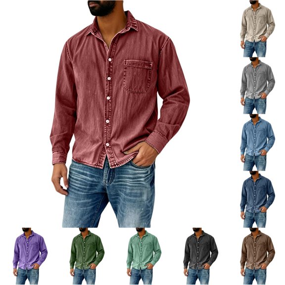 Men's Casual Long Sleeve Shirt with Classic Collar and Chest Pocket for Everyday Comfort in Autumn and Winter Seasonal Everyday Wear for Men's Shirts Red L