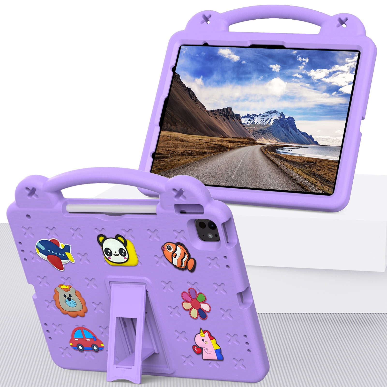 Nalacover Cartoon Handle Case for Apple iPad Air 11 inch 2024 Case, EVA Foam Cute Pattern with Pencil Holder Kickstand Cute Shockproof PC Case for iPad Pro 11 inch 2024, Lightpurple