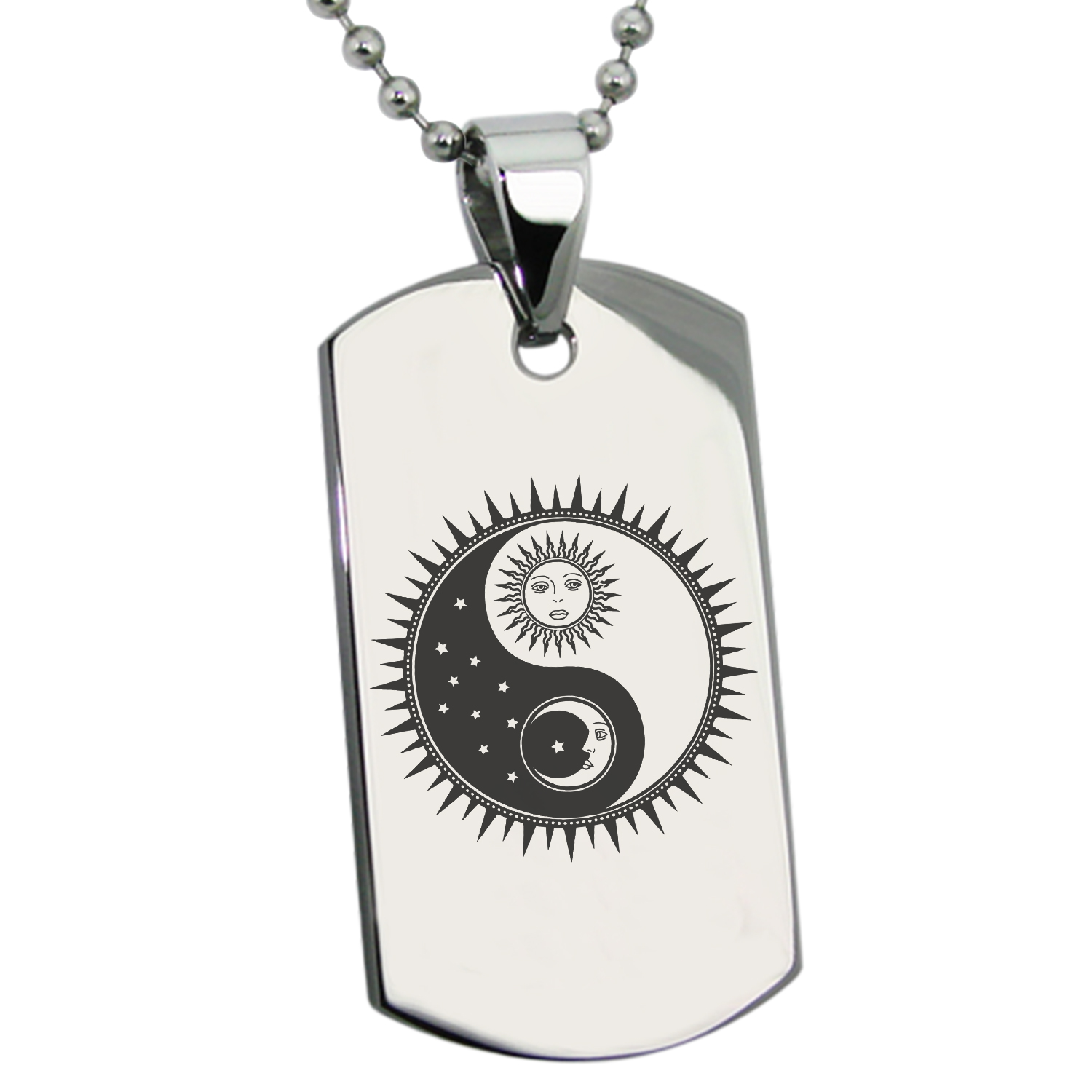 Stainless Steel Sun & Moon Yin Yang Engraved Dog Tag Pendant Necklace
