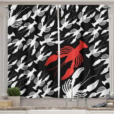 Ambesonne Lobster Kitchen Curtains, Silhouette Ocean Fauna, 55"x39", Vermilion White