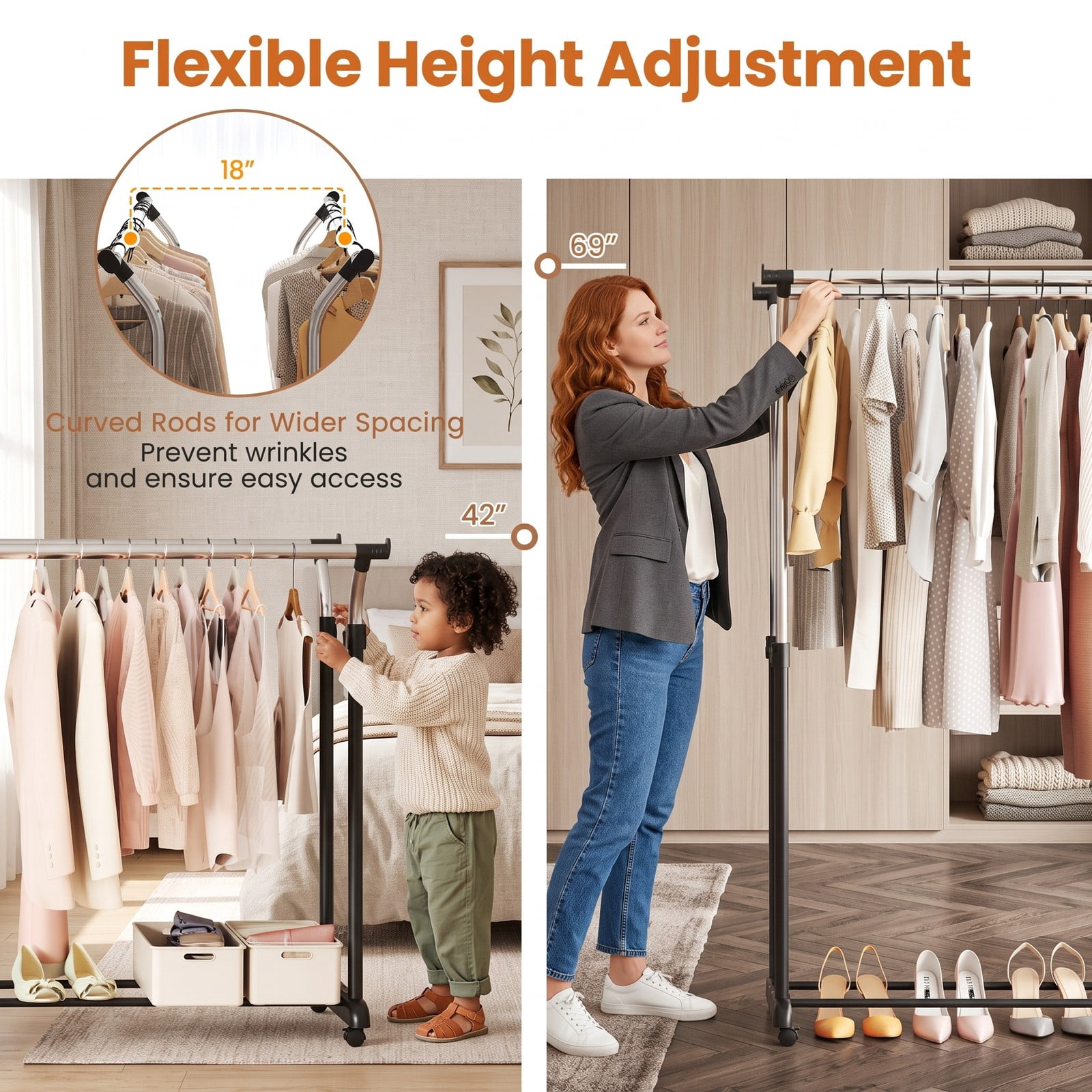 Furnibear Rolling Double Rod Garment Rack with Adjustable Height and Locking Casters for Bedroom and Closet, Black and Silver