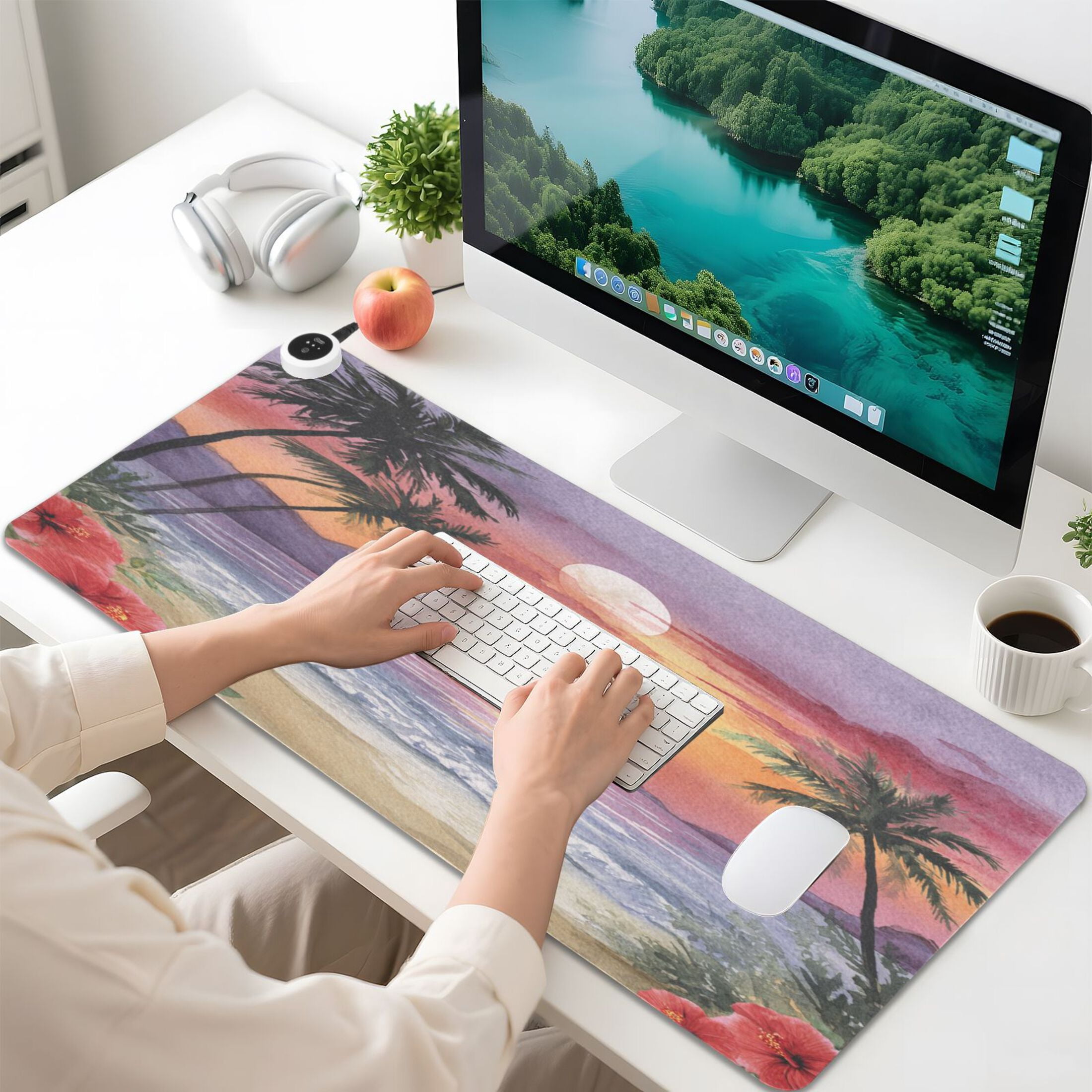 Large Heated Desk Mat Mouse Pad 31.5"x13"PU Leather Graphene Heating Desk Warmer with 3 Temperature Settings 110V US Plug Non-Slip Warm Pad for Home, Office, and Gaming Tropical Sunset Beach Print