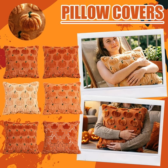 Fall Pumpkin Throw Pillow 18 X 18 Inch Orange Plush Embroidery Cushion for Autumn Home Decor Halloween Thanksgiving Living Room Bedroom Couch Sofa