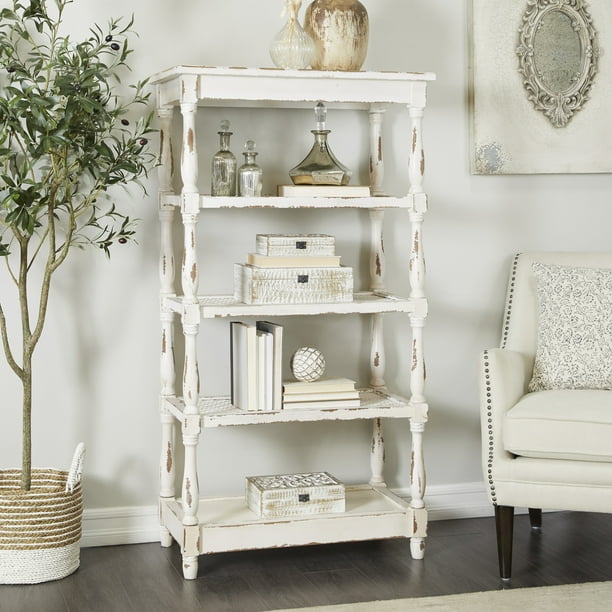 DecMode White Wood Farmhouse Shelving Unit with Carved Spindle Sides
