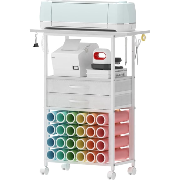 Cricut Rolling Storage Cart, Craft Organizer Stand with 24 Vinyl Roll Holders, 2 Fabric Drawers & Tool Hooks, White