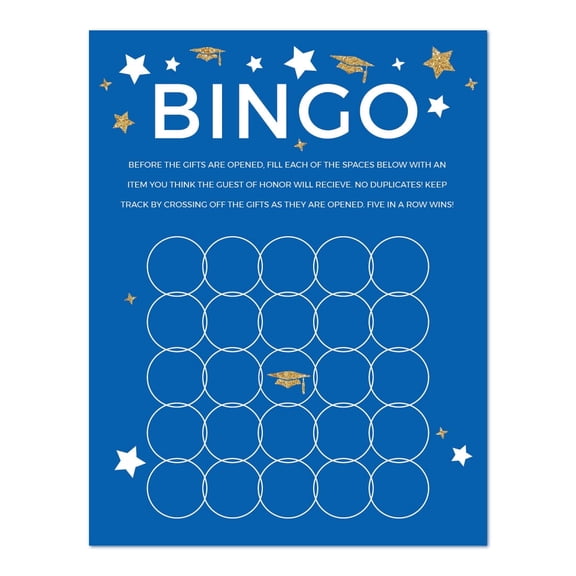 Koyal Wholesale Royal Blue Paper Graduation Bingo Game Cards, Gold Glitter, 20-Pack