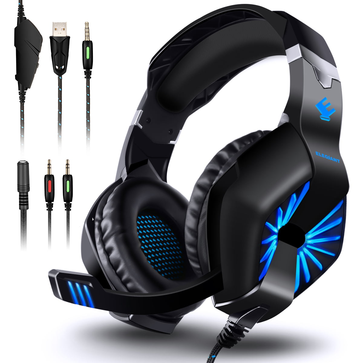 Gaming Headset, Gamer Headphone Headset Noise-Canceling Stereo Bass with Mic Adjustable 3.5mm Jack USB LED Light for Video Games Switch PS4 Computer Tablet PC Smartephone