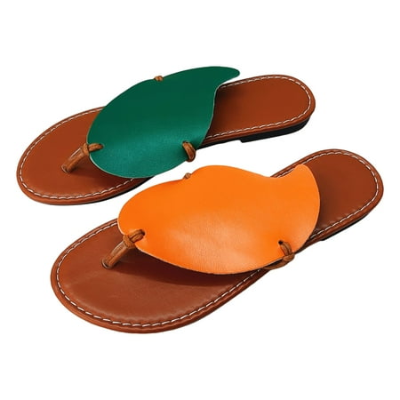 Blphud Walking Sandles Summer Flat Sandals for Women 2024 Womens Wedge Thong Sandals Ladies Summer Leaves Soft Leather Flat Bottom Beach Outer Wear Large Size Sandals Slippers Orange 37