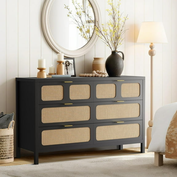 Juiluna 6 Drawer Dresser, Rattan Dresser for Bedroom with Metal Handles, Farmhouse Wood Storage Chest of Drawers for Bedroom, Living Room, Hallway, Entryway, Black/Oak