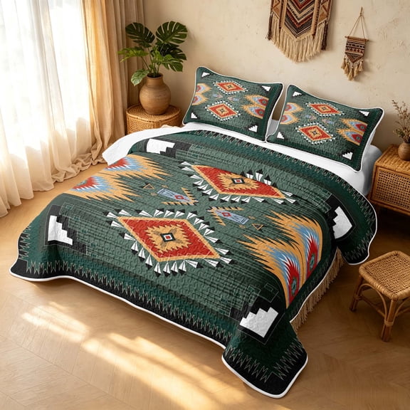 Erosebridal Boho Aztec Twin Quilt Set, Vintage Rhombus Twin Coverlet Set, Sage Rust Mustard Turquoise 2 Pieces, 1 Bedspread and 1 Pillowcase