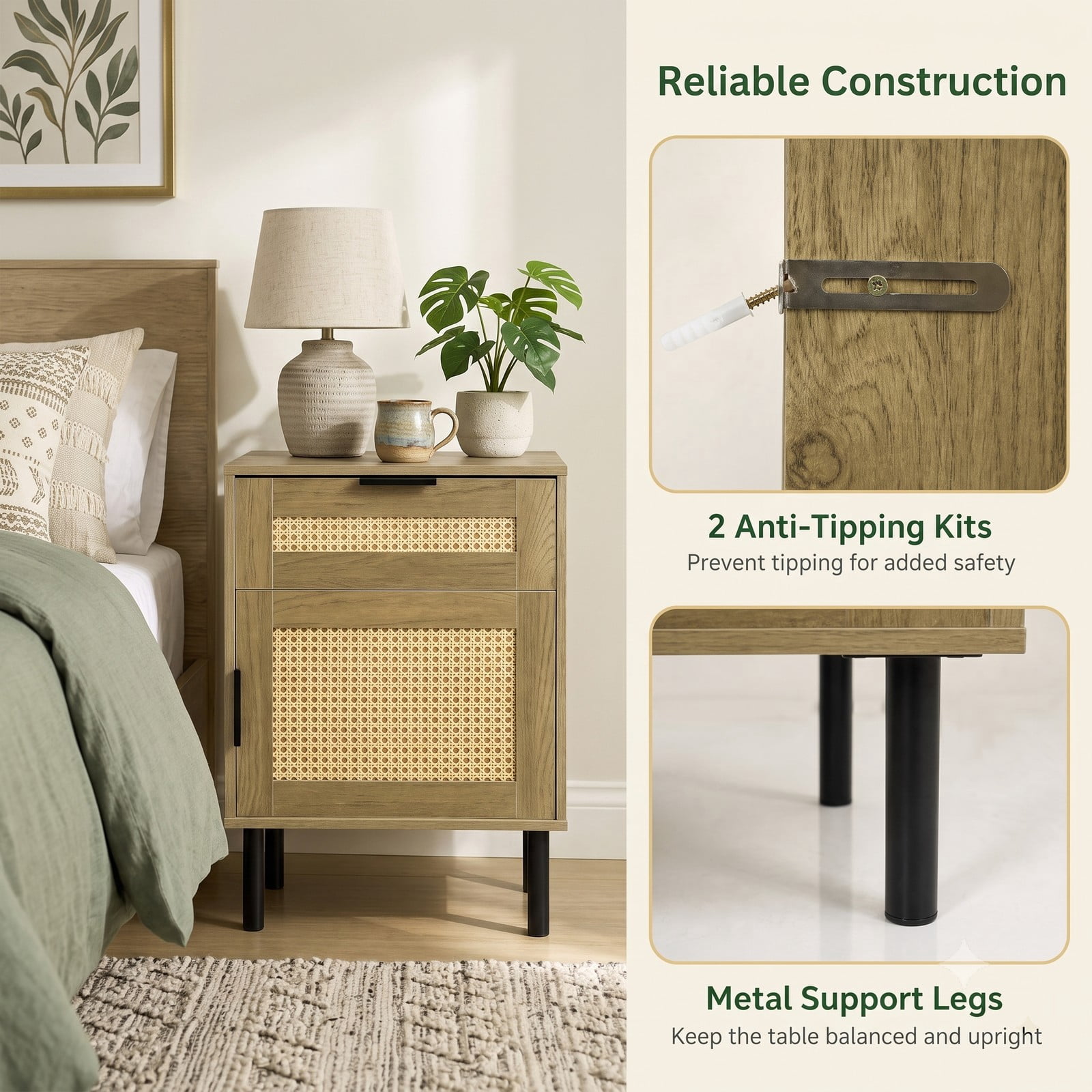 Furnibear Rattan Nightstand with Drawer and Storage Cabinet as a Bedside Table for Bedroom Dorm and Living Room, Natural