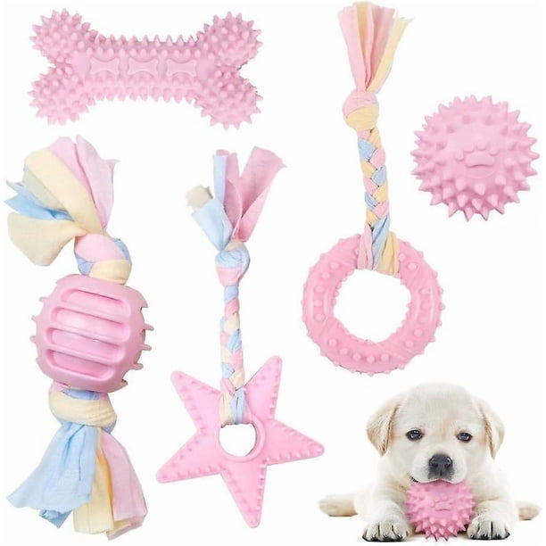 Dog toy rope with ball, 5 piece puppy dental care toy, chew toy set for small/medium dogs - pink (pet toy)