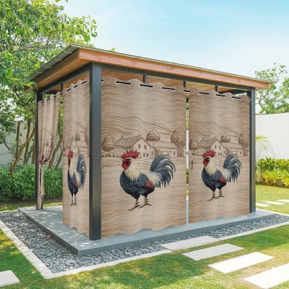 Farmhouse Chicken Outdoor Curtains for Patio, Vintage Barn Country Tree Valley Wood Grain Waterproof Outside Curtains Privacy Blackout Curtain for Porch Pergola Cabana, 2 Panel 54W x 84L Inch