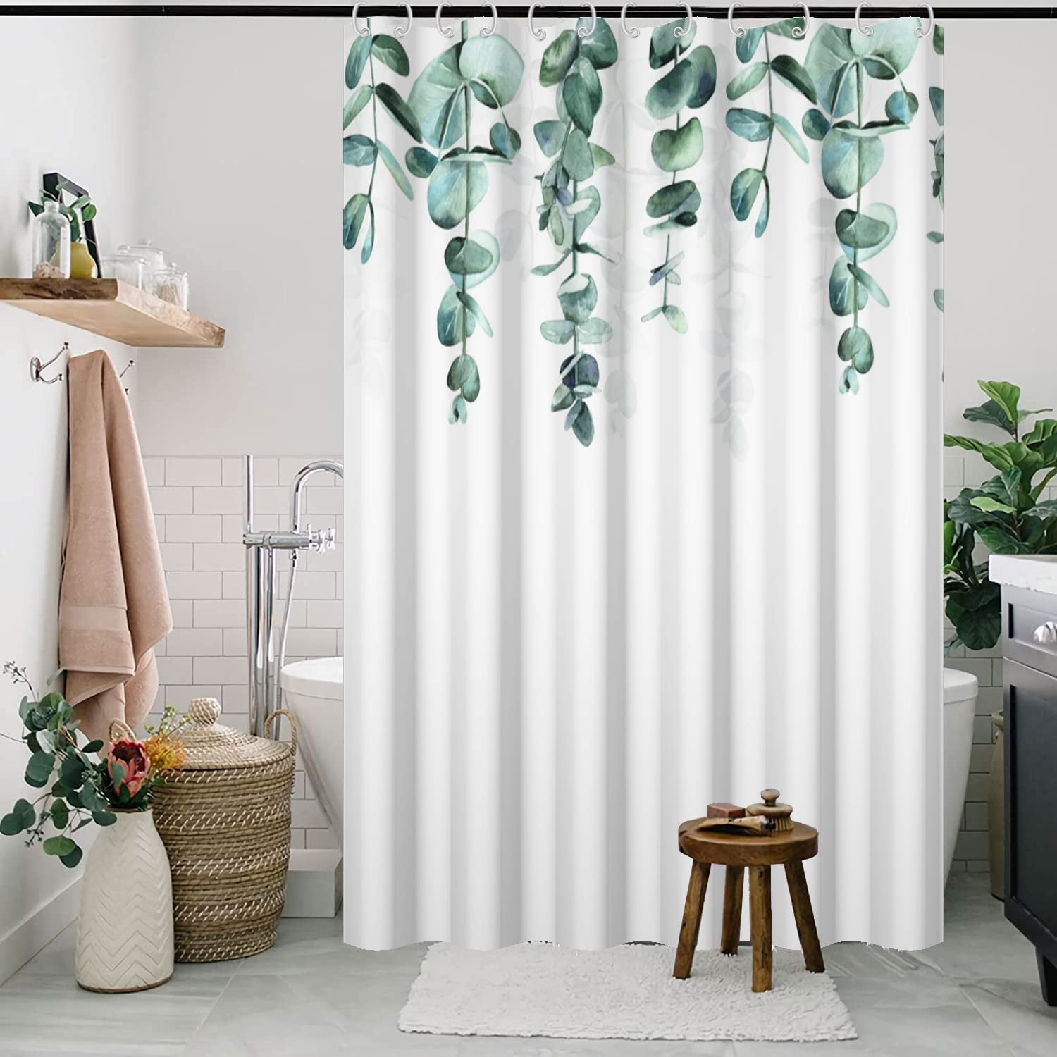 Sage Green Leaf Shower Curtain,Tropical Eucalyptus Leaves Shower