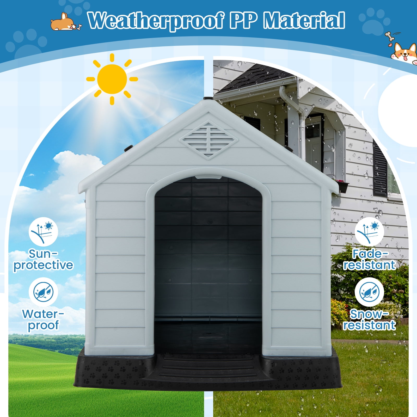 Gymax Dog House Pet Puppy Shelter Waterproof Indoor/Outdoor Ventilate Gray
