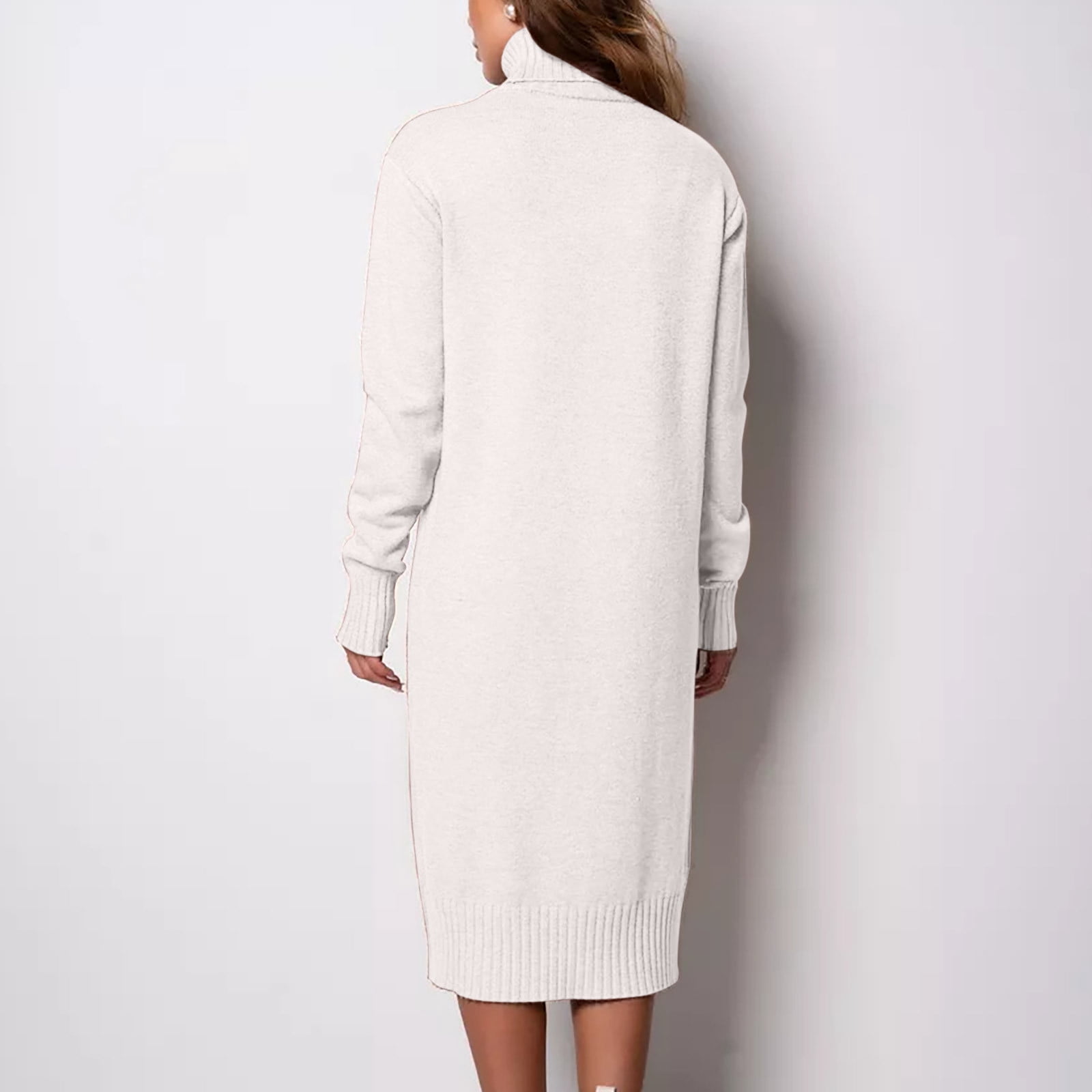 Arnsht Womens Fall and Winter Elegant Fleece Sweater Dresses Solid Color Loose Turtleneck Dress Long Sleeve Knitted Skirt White S