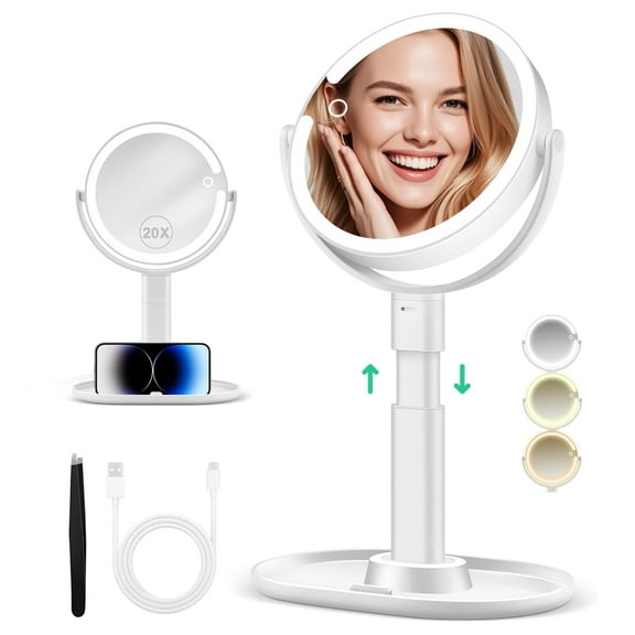 20X/1X Magnifying Makeup Mirror with Lights, Double-Sided Home Vanity Mirror with 3 Color Brightness Adjustable, 360° Rotation, Adjustable Height, Rechargeable, Phone Holder and Storage Tray