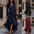 thumbnail image 2 of Quixlent Women's Satin V Neck Ruffle Long Sleeve Dress Tie Waist Split A-Line Wrap Dress Formal Cocktail Wedding Guest Dress, 2 of 7