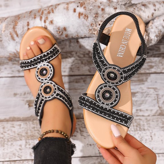 Miluxas Womens Sandals Beach Flowers Women Summer Breathable Wedge Low Heel Open Toe Dressy Elastic Ankle Strap Rhinestone Platform Sandal Comfortable Bohemian Shoes Black 6.5(38)