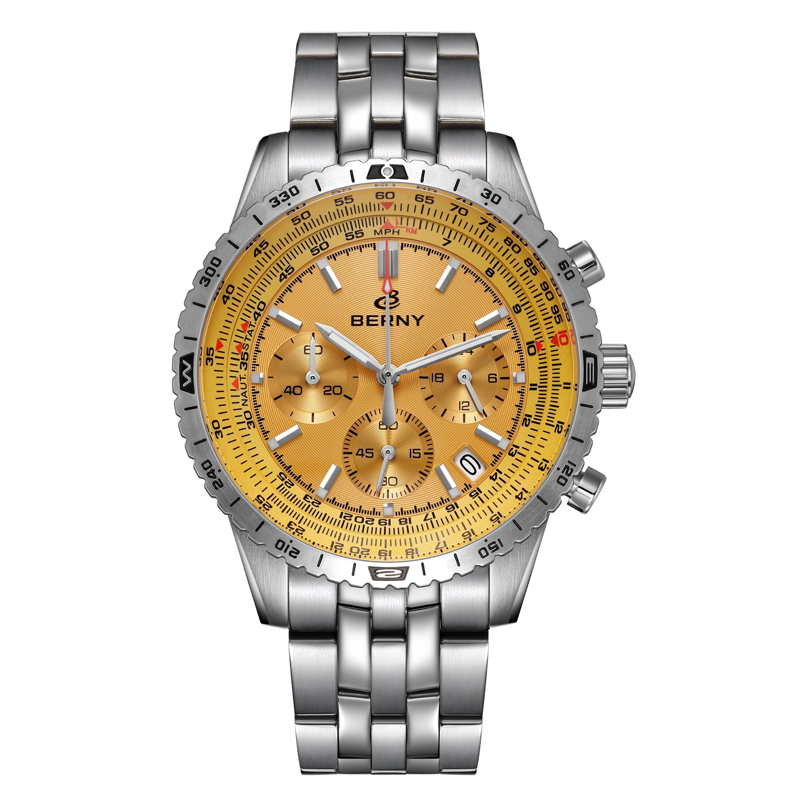 BERNY Silver Chronograph Watches for Men, Sport Luxury Analog Quartz Watch with Tachymeter, Stainless Steel, Waterproof, Luminous, Sapphire Crystal, Date Calender, Men's Wristwatch (Gold)