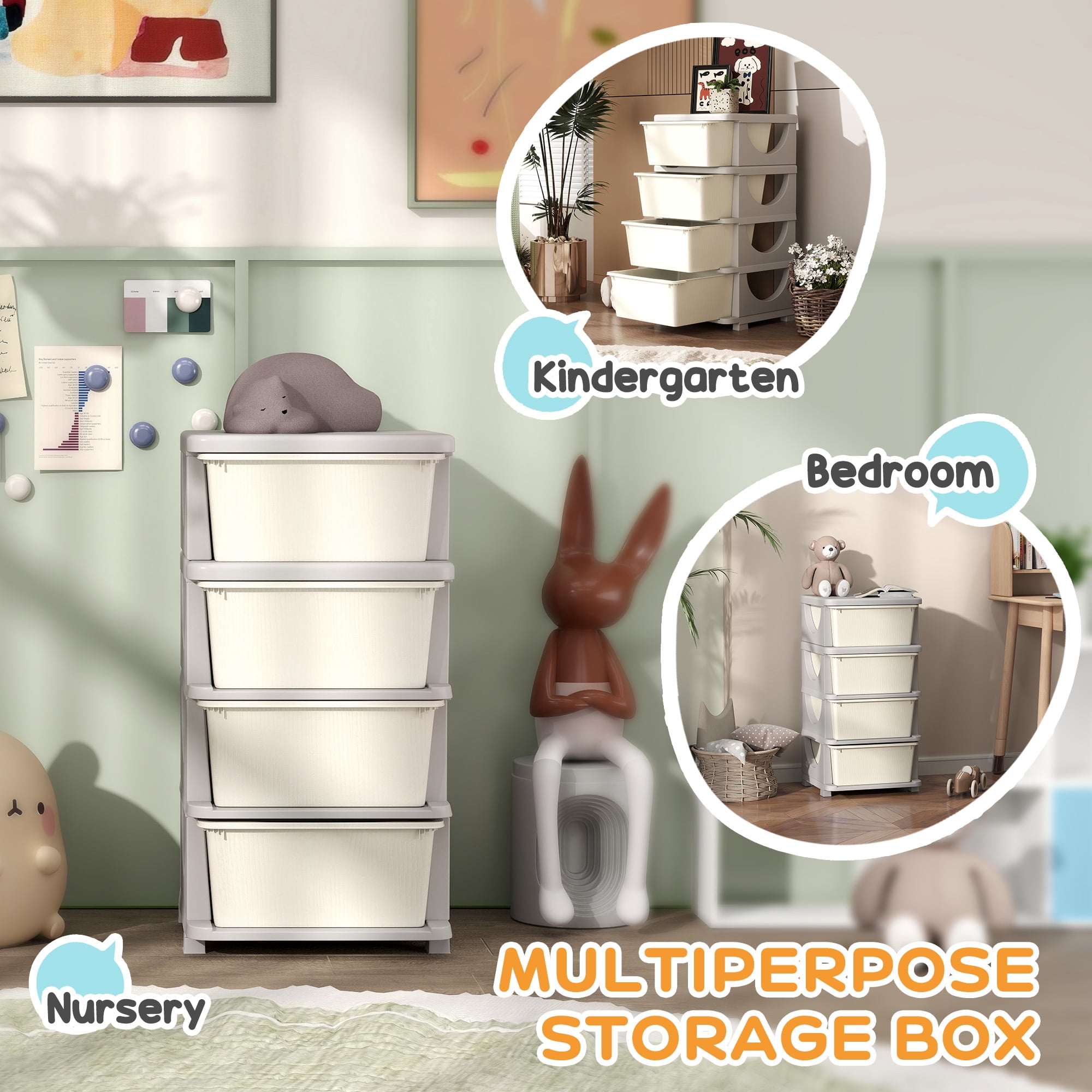 4 Tier Kids Storage Unit, 4 Drawer Chest Toy Organizer Plastic Bins for Kids Bedroom Nursery Kindergarten Living Room for Boys Girls Toddlers, Cream White
