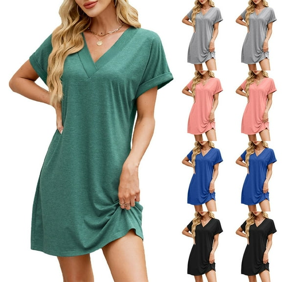 The Big Save of The Day kttectoa V-Neck Short Sleeve Dress for Womens A-Line Casual Short Dresses Solid Dresses Casual Summer Dresses for Women Loose Flowy Dress for Cocktail Party
