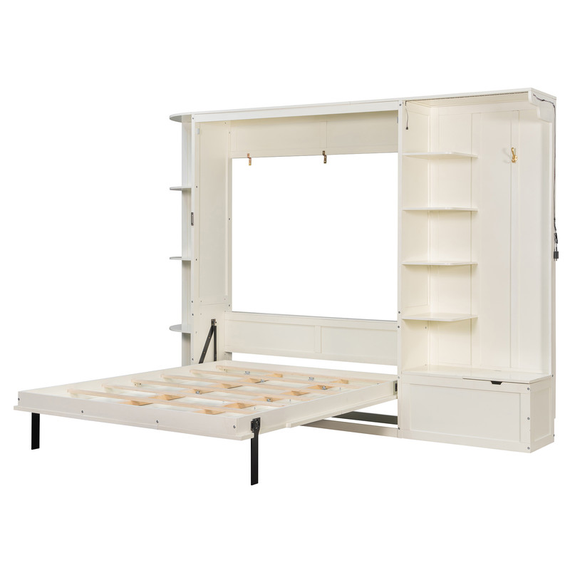Queen Murphy Bed with Shelves, Coat Hook & Hidden Storage Cabinet, Space-Saving Wall Platform Bed with Built-in Lights