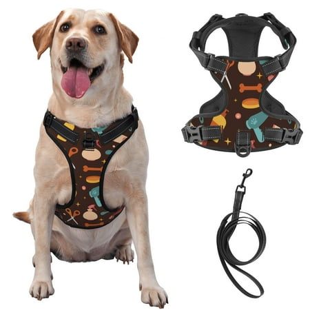 TEQUAN Small Dog Harness with Leash Hand Drawn Pet Grooming Prints Reflective No Pull Adjustable Pet Vest (S)