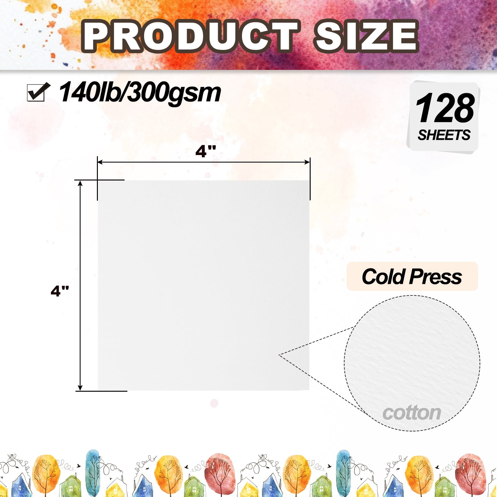 Uxcell 128 Sheets Cotton Watercolor Paper 140lb/300 GSM Paint Paper 4x4 Inch