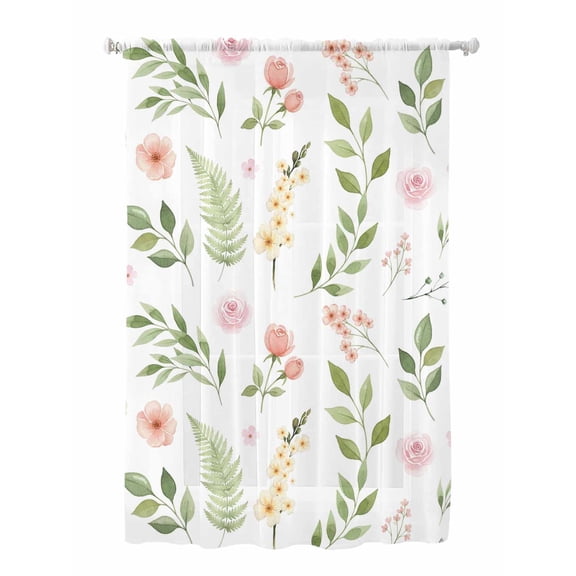 Sheer Curtains 72 Inches Long, Pink Green Botanical Semi Sheer Curtains Light Filtering Window Treatment, Spring Watercolor Floral Leaf Plant Privacy Voile Drapes for Living Room Bedroom 52x72 Inch