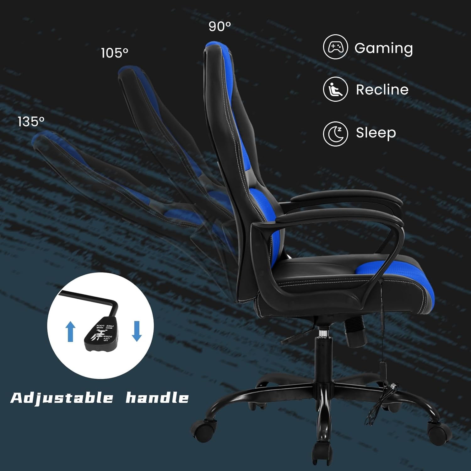 Dkelincs Gaming Chair Massage Computer Chair Ergonomic Video Game Chairs, Adjustable Office Desk Chair with Lumbar Support & Armrest for Teens & Children, Blue