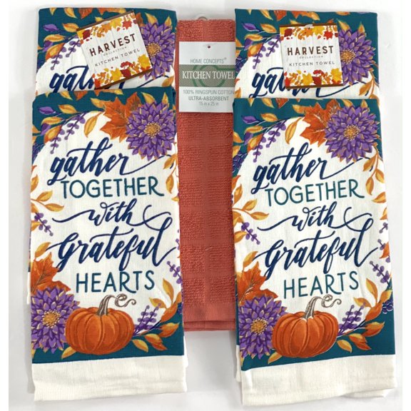 Serafina Home Farmhouse Fall Decor Kitchen Dish Towels Set: Gather Together with Grateful Hearts Autumn Thanksgiving Ring Leaves, Flowers, and Pumpkins