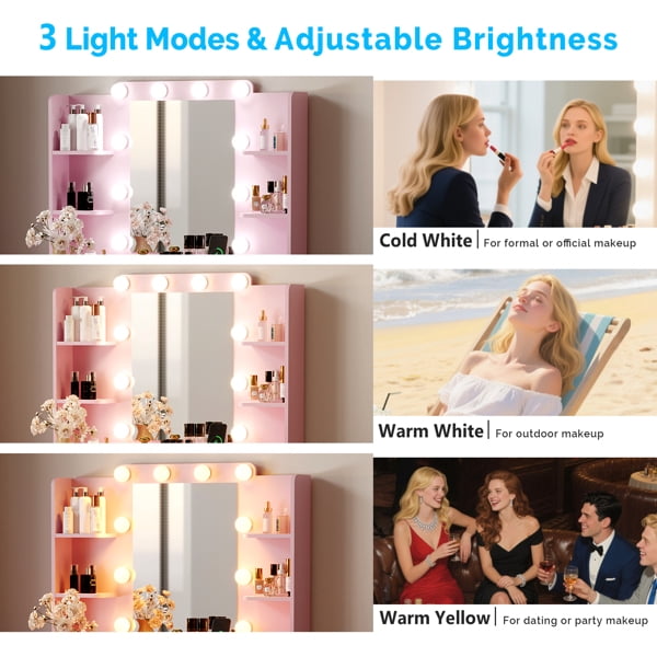 Alvantor 33.15 in Makeup Vanity Desk with Lighted Mirror, Power Strip, 2 Drawers, 4 Shelves and Cushioned Stool, Pink