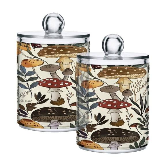 Ryvnso 2 Pack Qtip Holder Organizer Mushrooms and Leaves Bathroom Cotton Swabs Cans Storage Canister